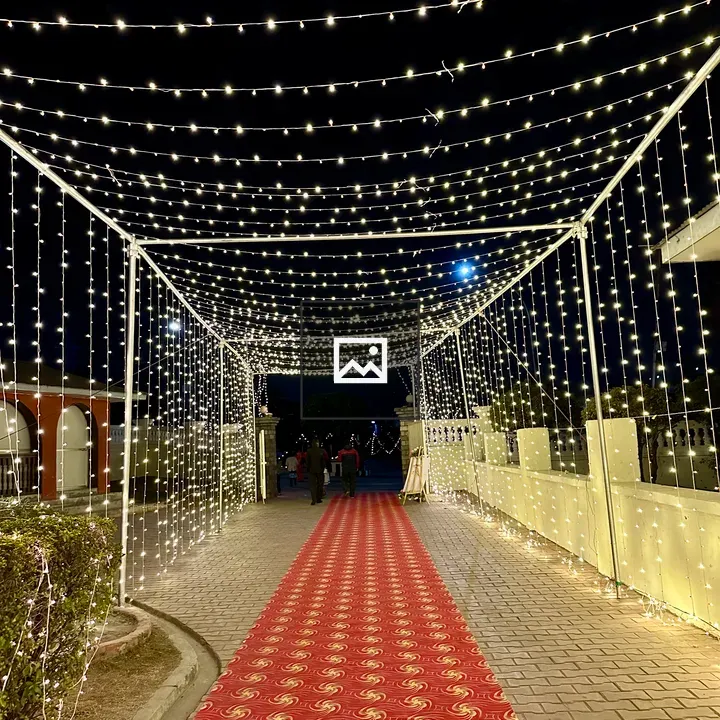 Strings of lights at wedding entrance