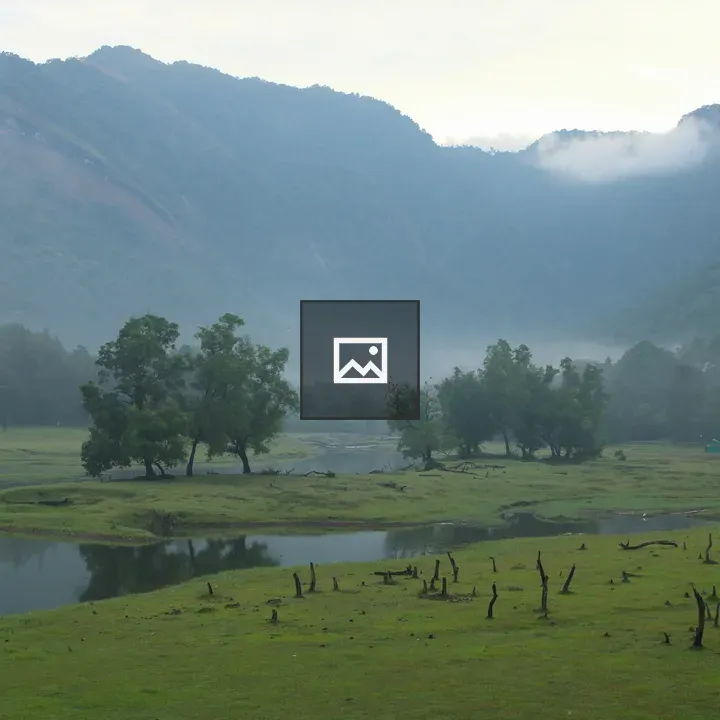 Mountain scene with grassy field and pond