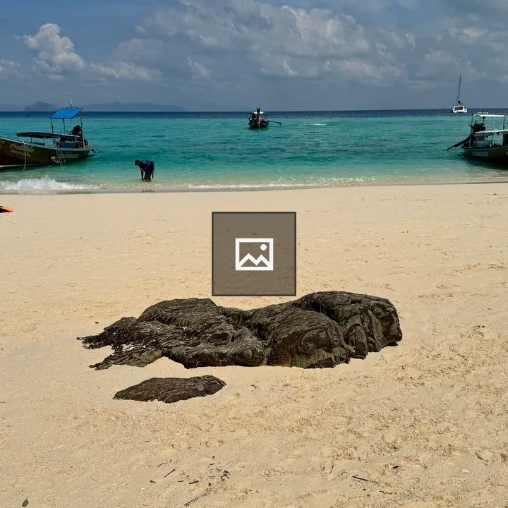 Beach scene with boats and rock