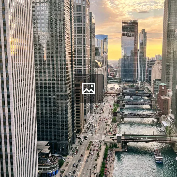 Chicago River Skyline at Sunset