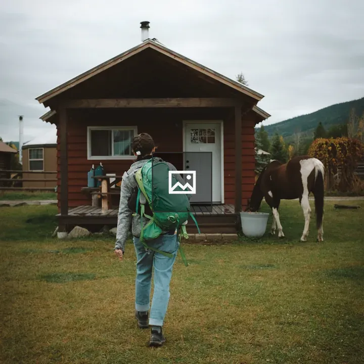 Person with Green Backpack and Horse