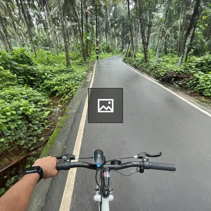 Riding on a rainy tree-lined path