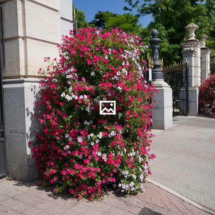 Pink and white flowers by gate