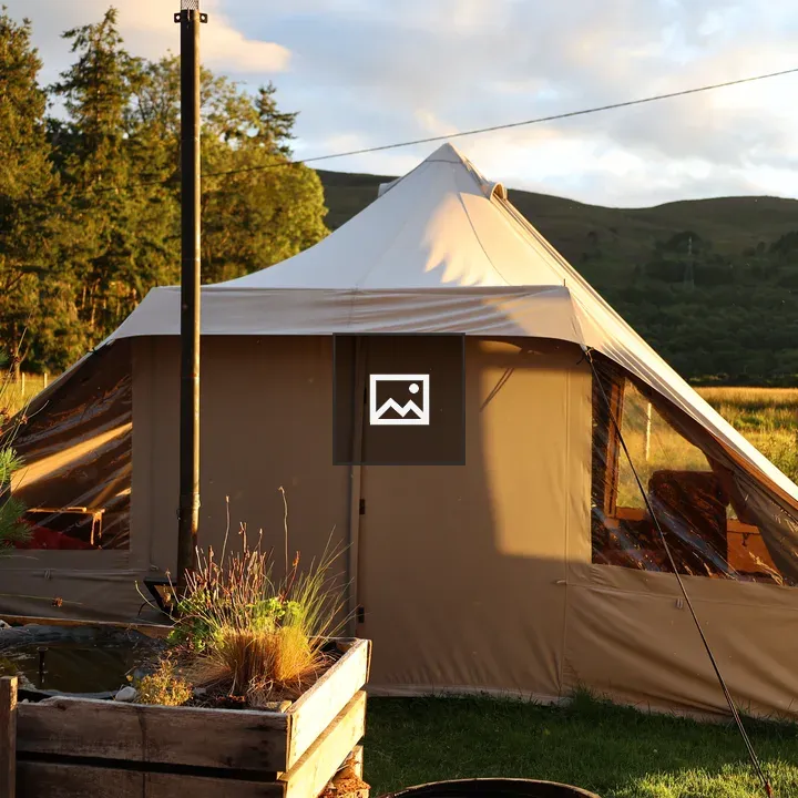 All season tent by pond