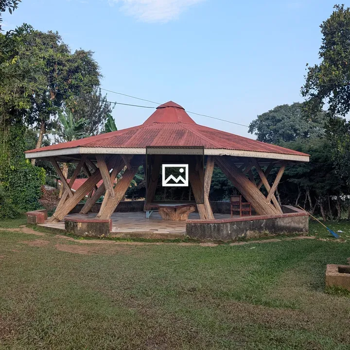 Wooden gazebo with red roof