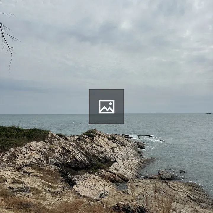 Rocky coastline at sea under overcast sky