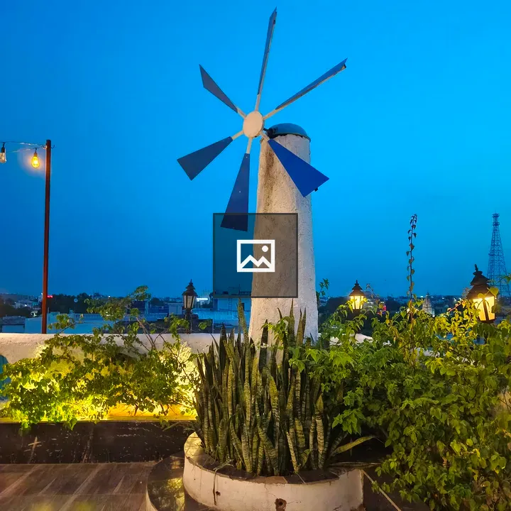 Rooftop wind turbine scene