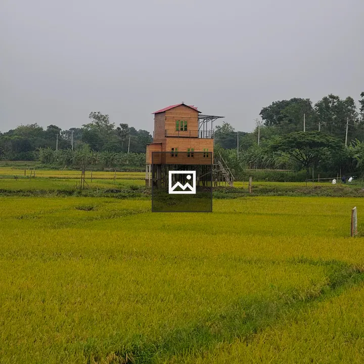 Rustic house on stilts in fields