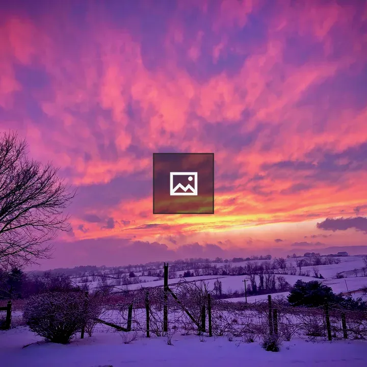Sunset over snowy farm fields