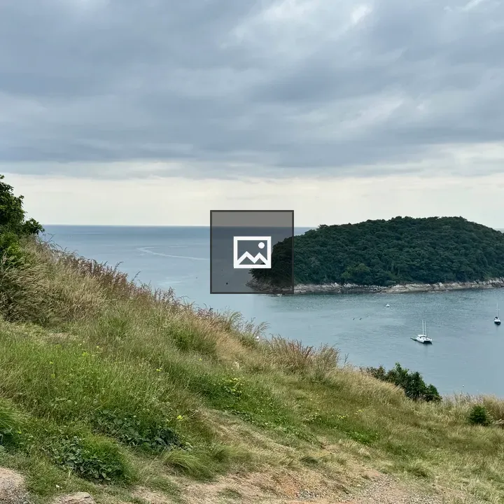 Grassy hillside overlook of sea and island
