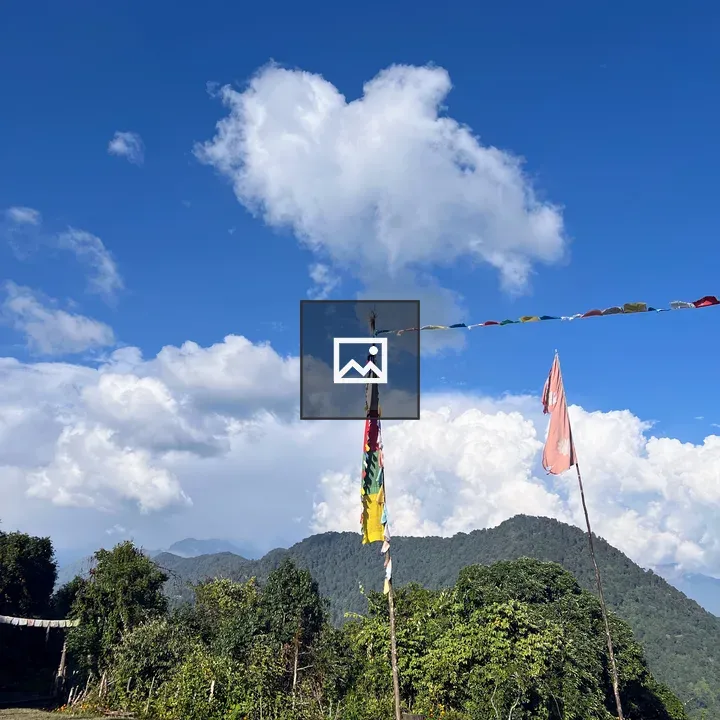 Flags over green mountain landscape