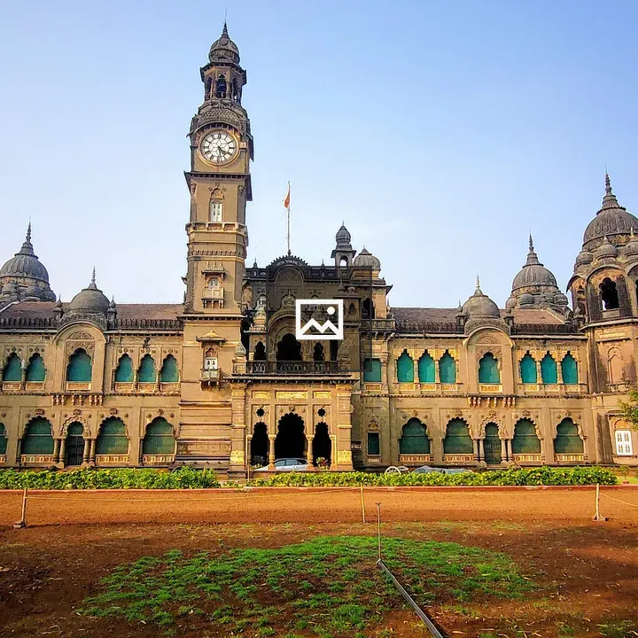 Front View of a Palace with Clock Tower