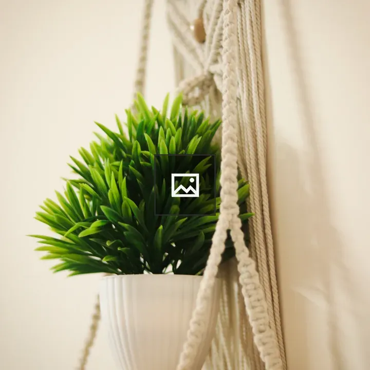 Artificial plant on macrame shelf