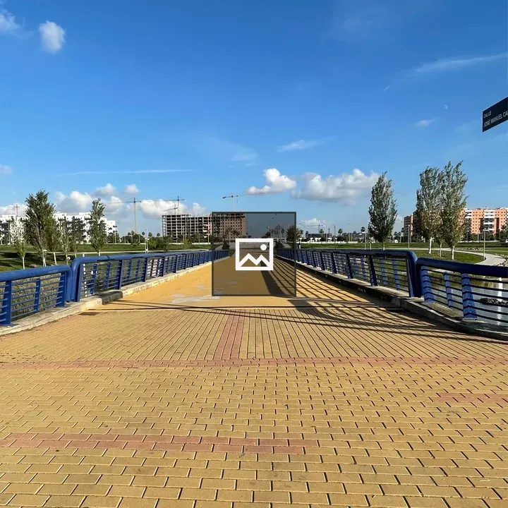 Pedestrian bridge with blue railings