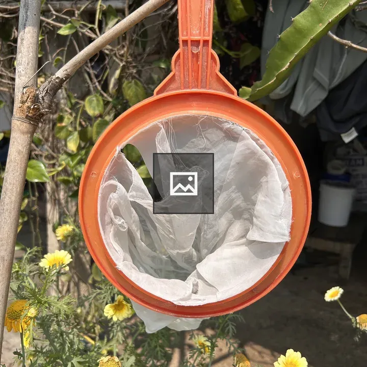 Red Sieve Hanging in Garden