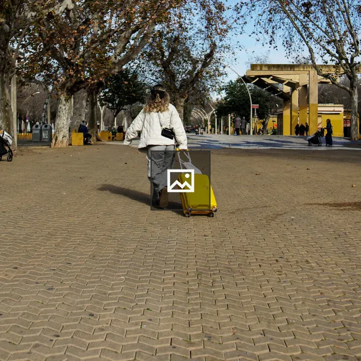 Person with yellow suitcase on path
