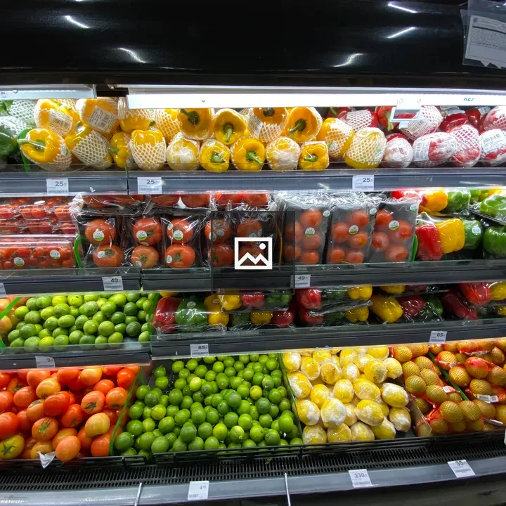 Display of fruits and vegetables in grocery store