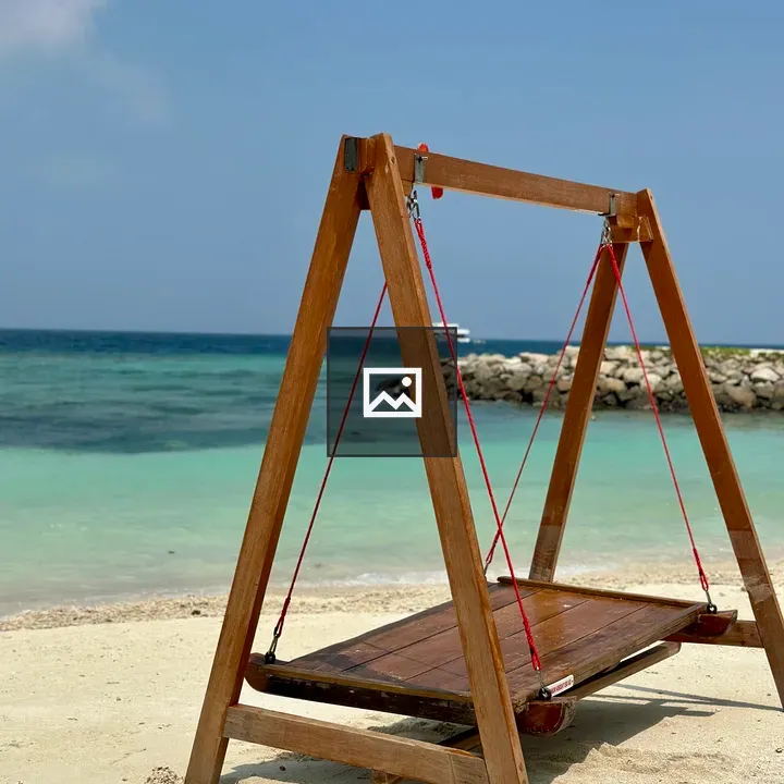 Wooden swing on sandy shore