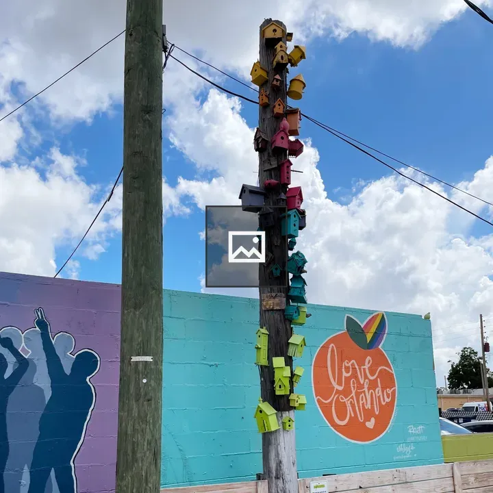 Telephone pole with rainbow birdhouses