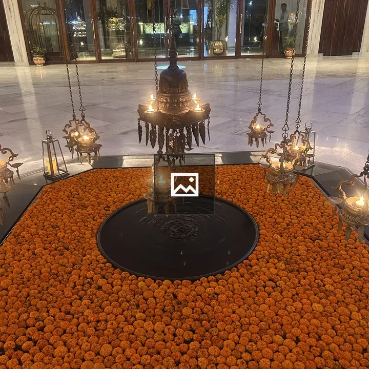Indoor decorative installation with marigolds