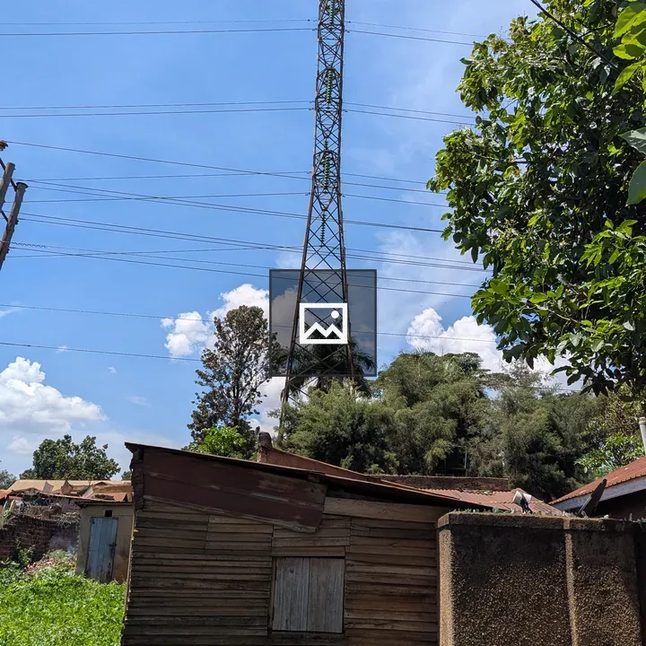 Communication tower behind shed
