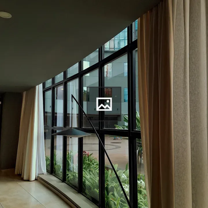 Glass window with curtains