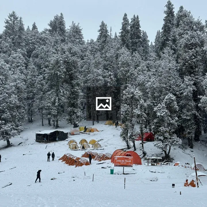 Snowy campsite among trees
