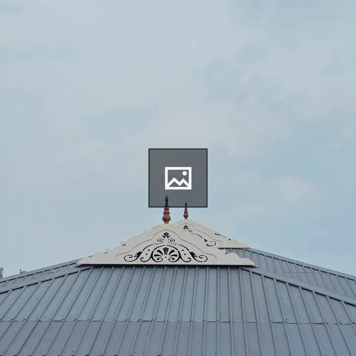 Grey roof with white and wood ornaments