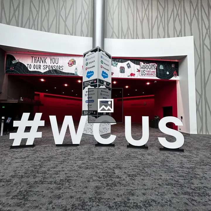 Large event logo at WordCamp US hall