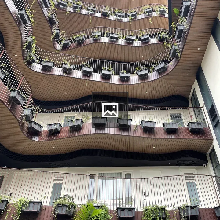 Upward view of curved balconies