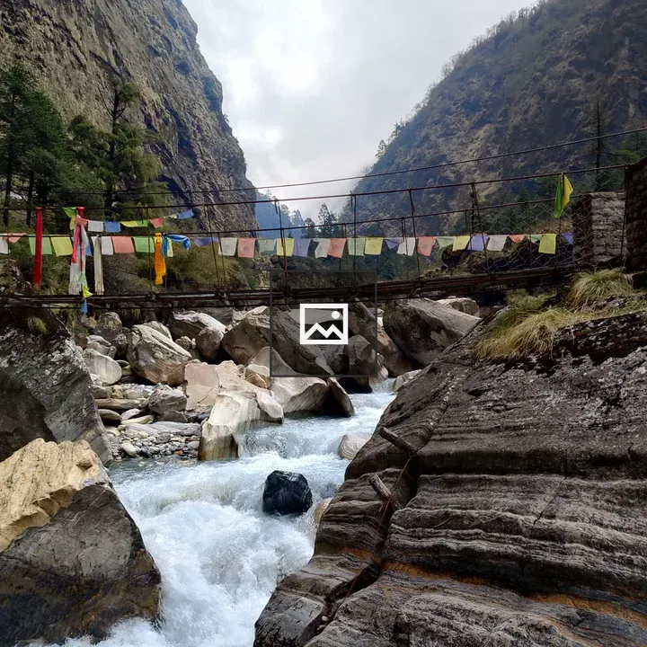 Rocky Stream Under Suspension Bridge