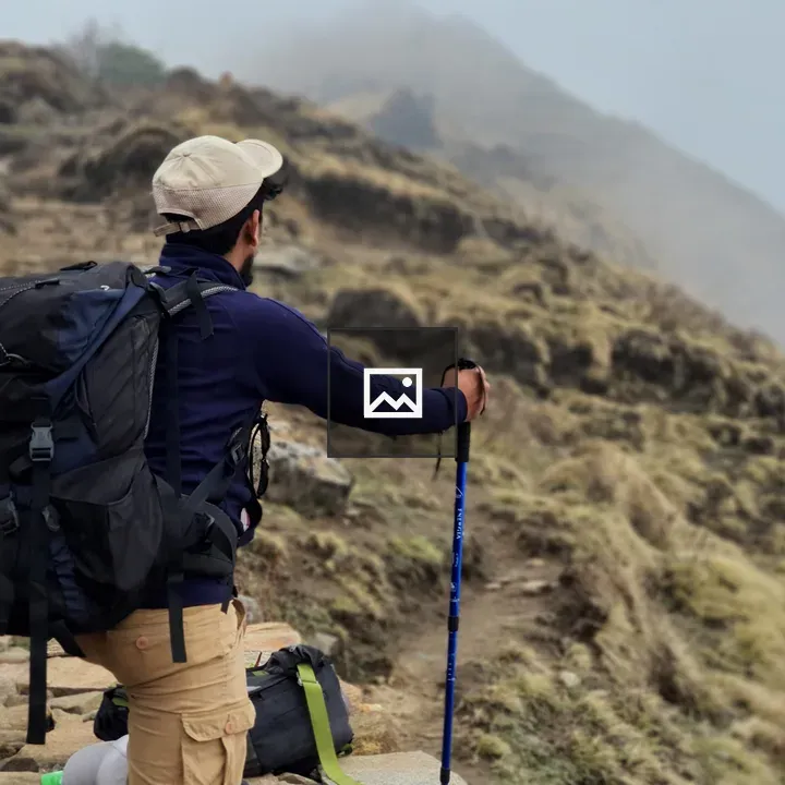 Hiker with Trekking Pole on Stone Path