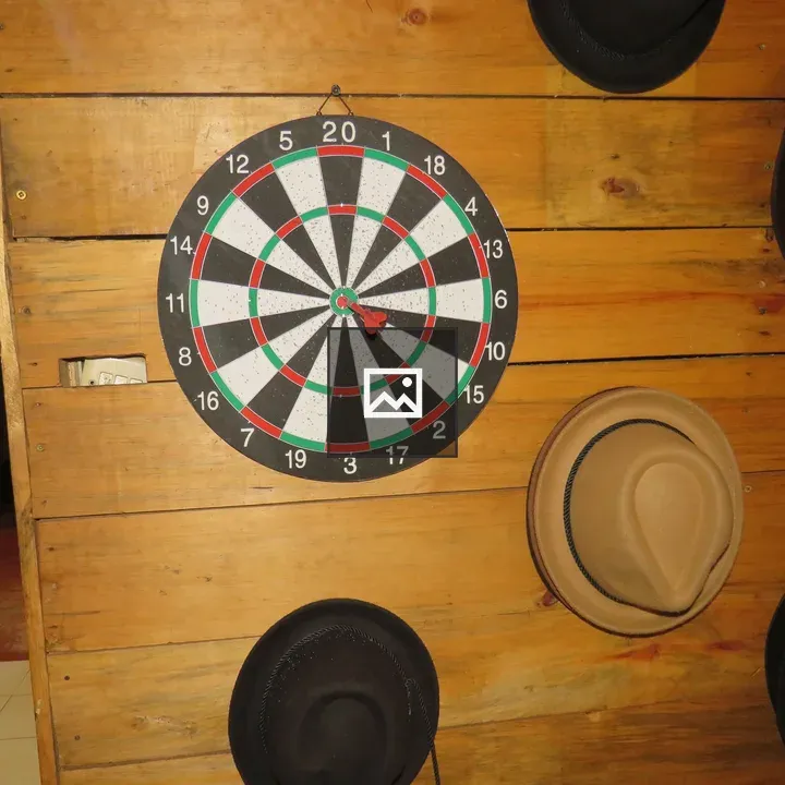 Dartboard with Hats on Rustic Wall