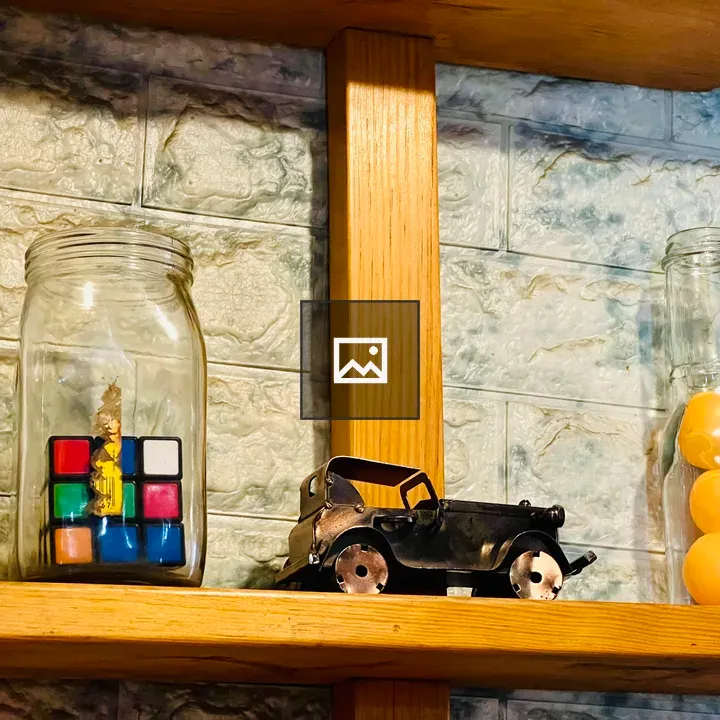 Wooden Shelf with Glass Jar and Toy Items