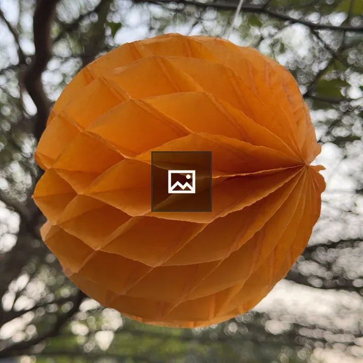 Orange paper ball hanging from tree