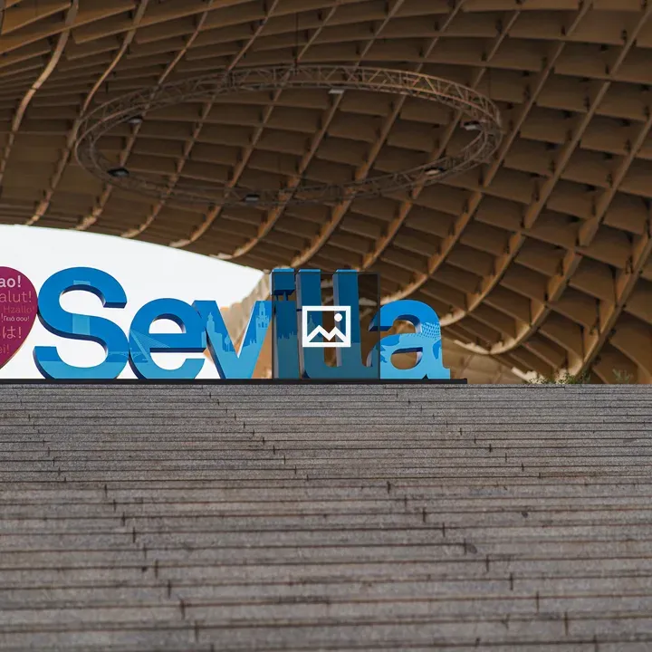 I LOVE SEVILLA letters on Metropol Parasol stairs