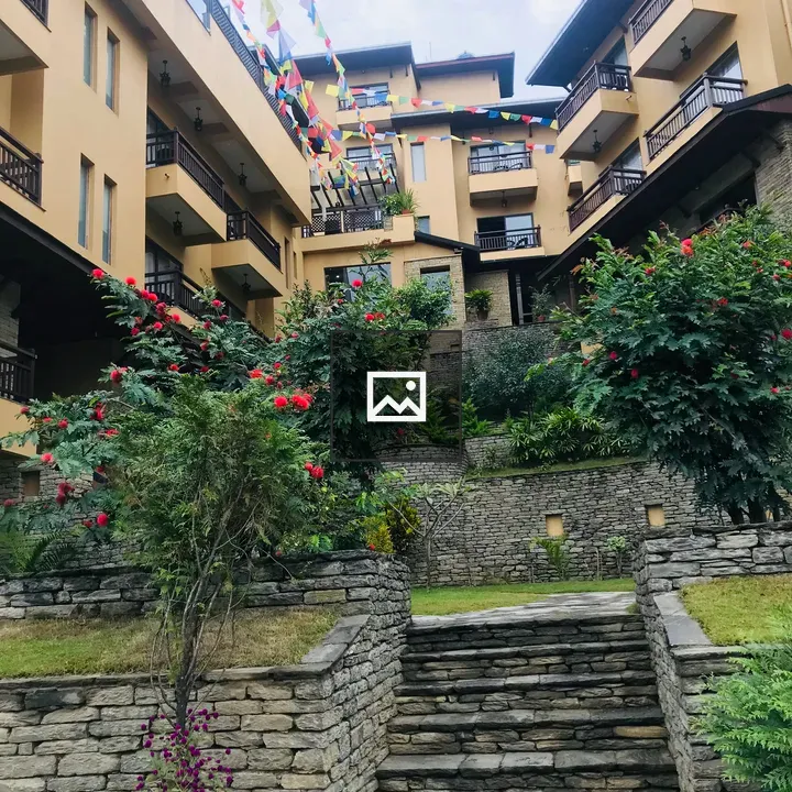 Vibrant prayer flags courtyard