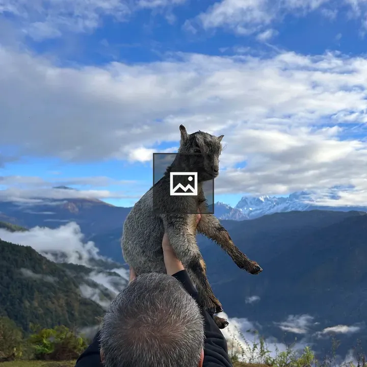 Person with goat against mountain backdrop