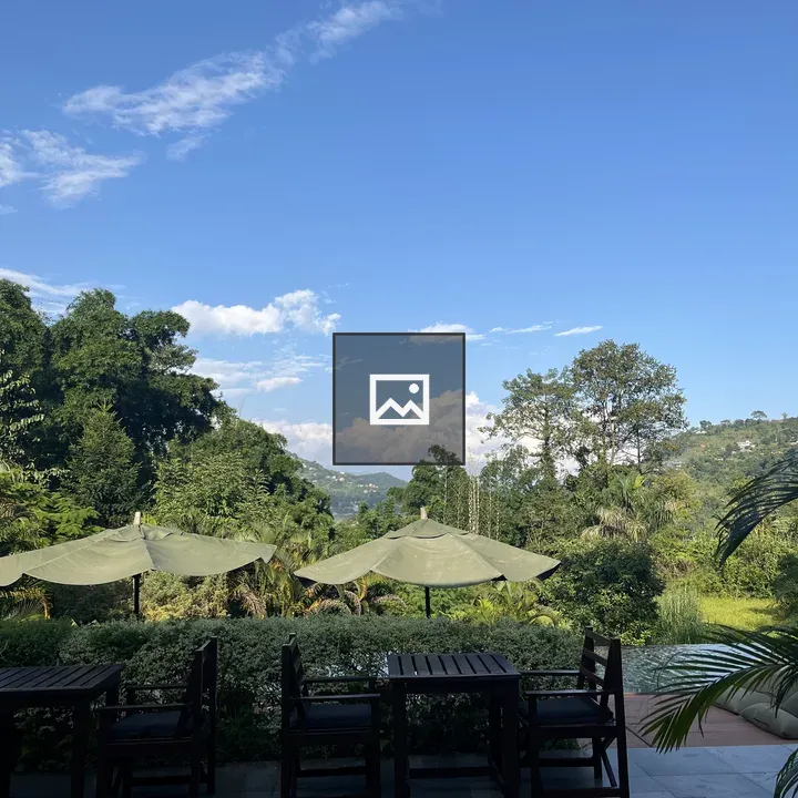 Outdoor dining setup with blue sky