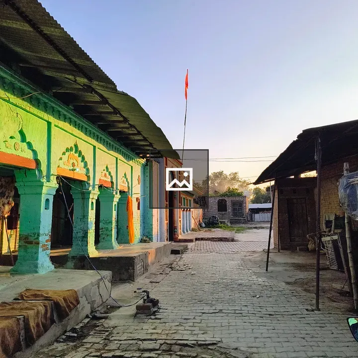 Serene village scene with flag