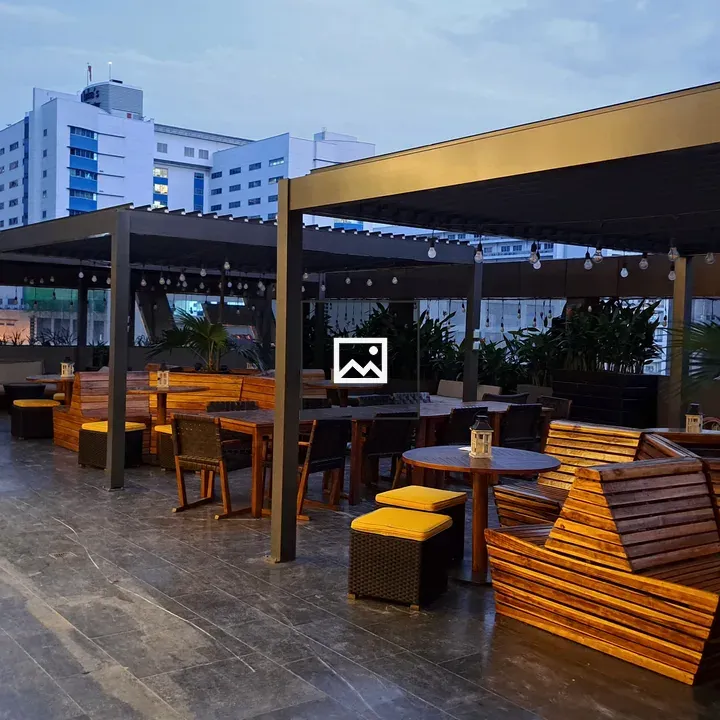 Rooftop terrace seating with benches
