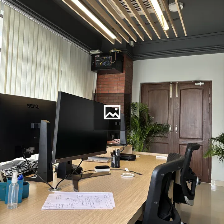Modern office desk with dual monitors