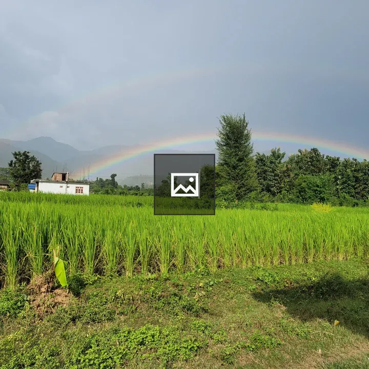 Green field with rainbow and building