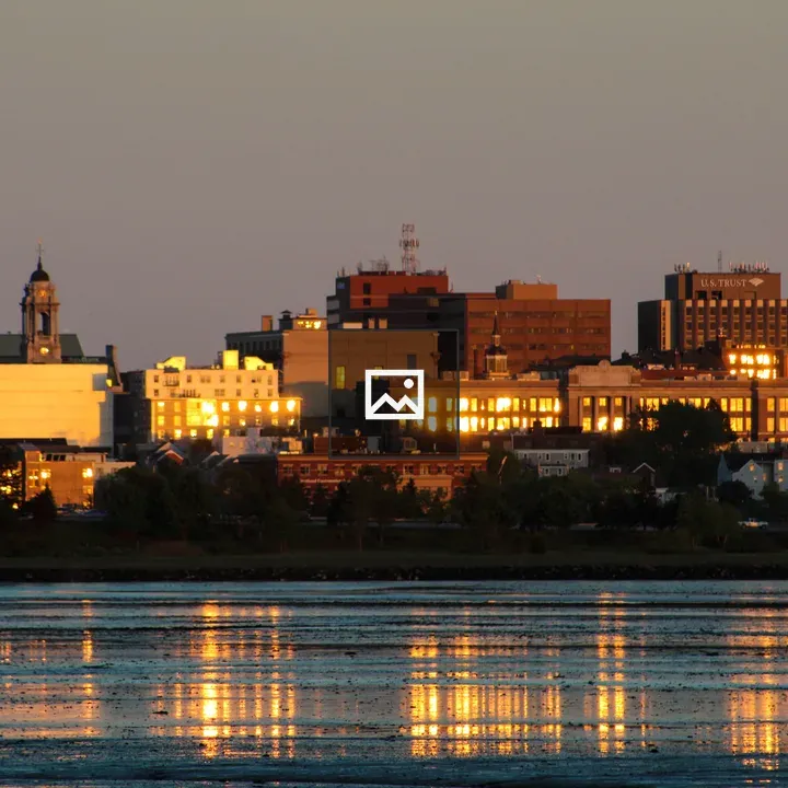 Lakeside City Buildings at Dusk