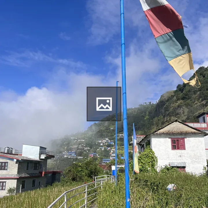 Pathway to hillside homes with flags