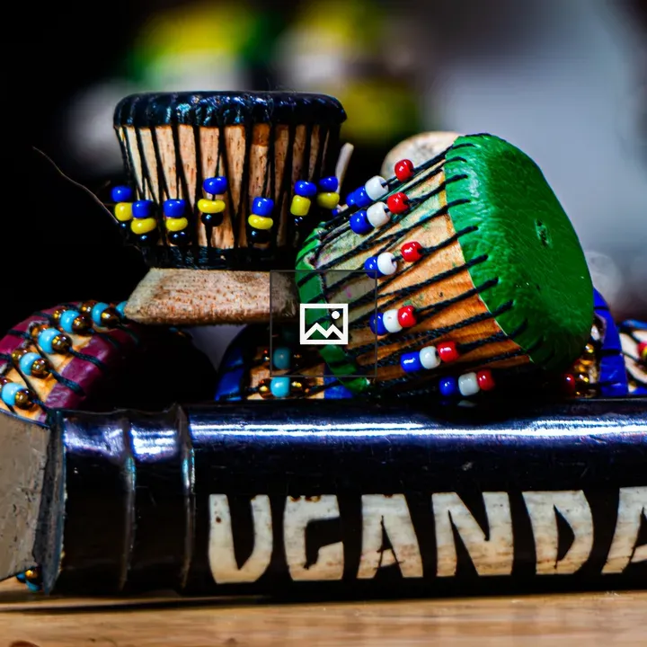 Colorful African drums on wood
