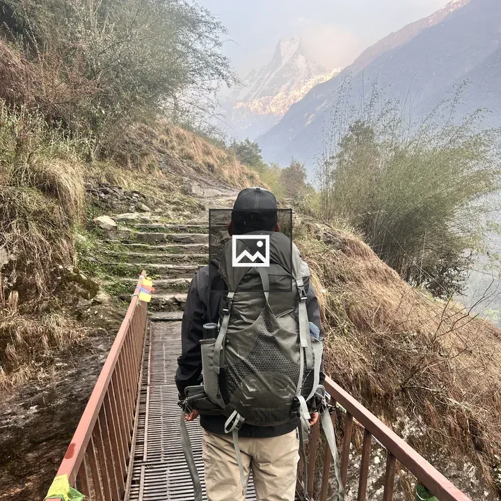 Trekkers Crossing Mountain Bridge