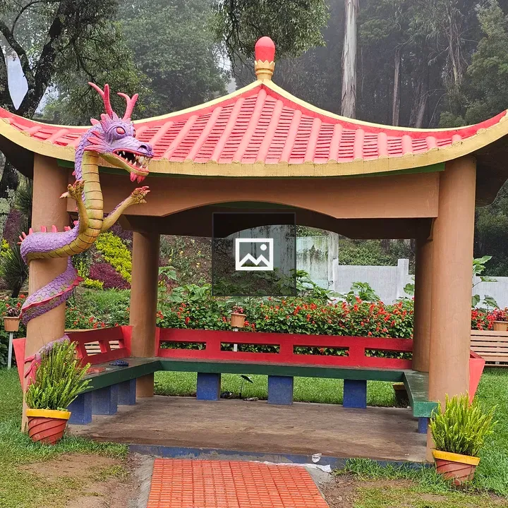 Chinese-style pavilion with dragon statue