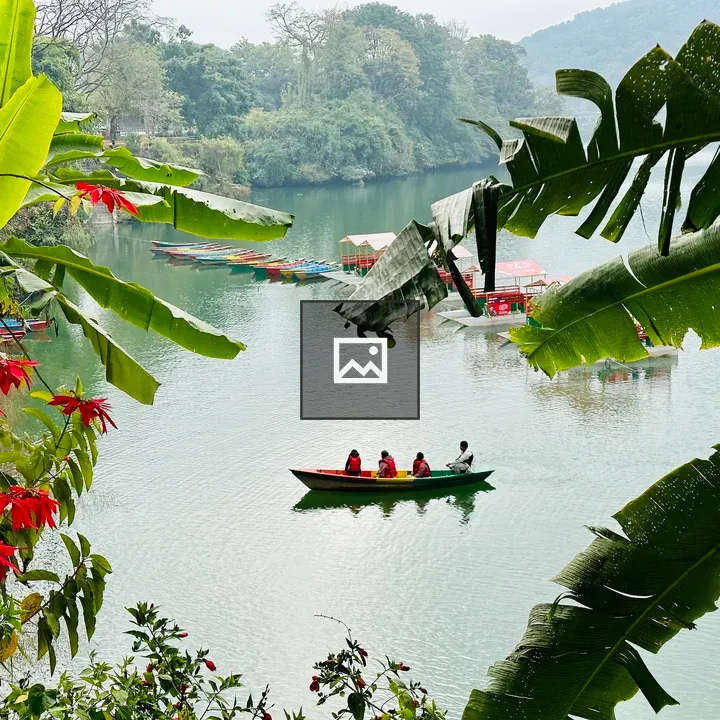 Boats on Pokhara Lake with Banana Leaves