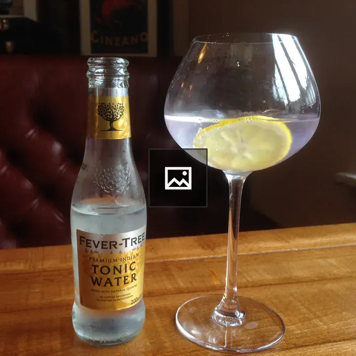 Gin and tonic bottle and glass